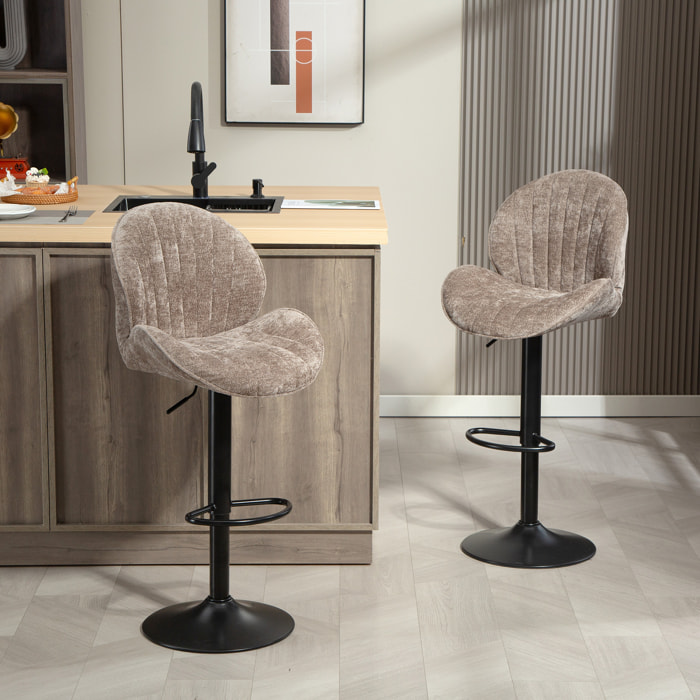 Lot de 2 tabourets de bar design coquillage pivotants réglables acier noir tissu chenille marron