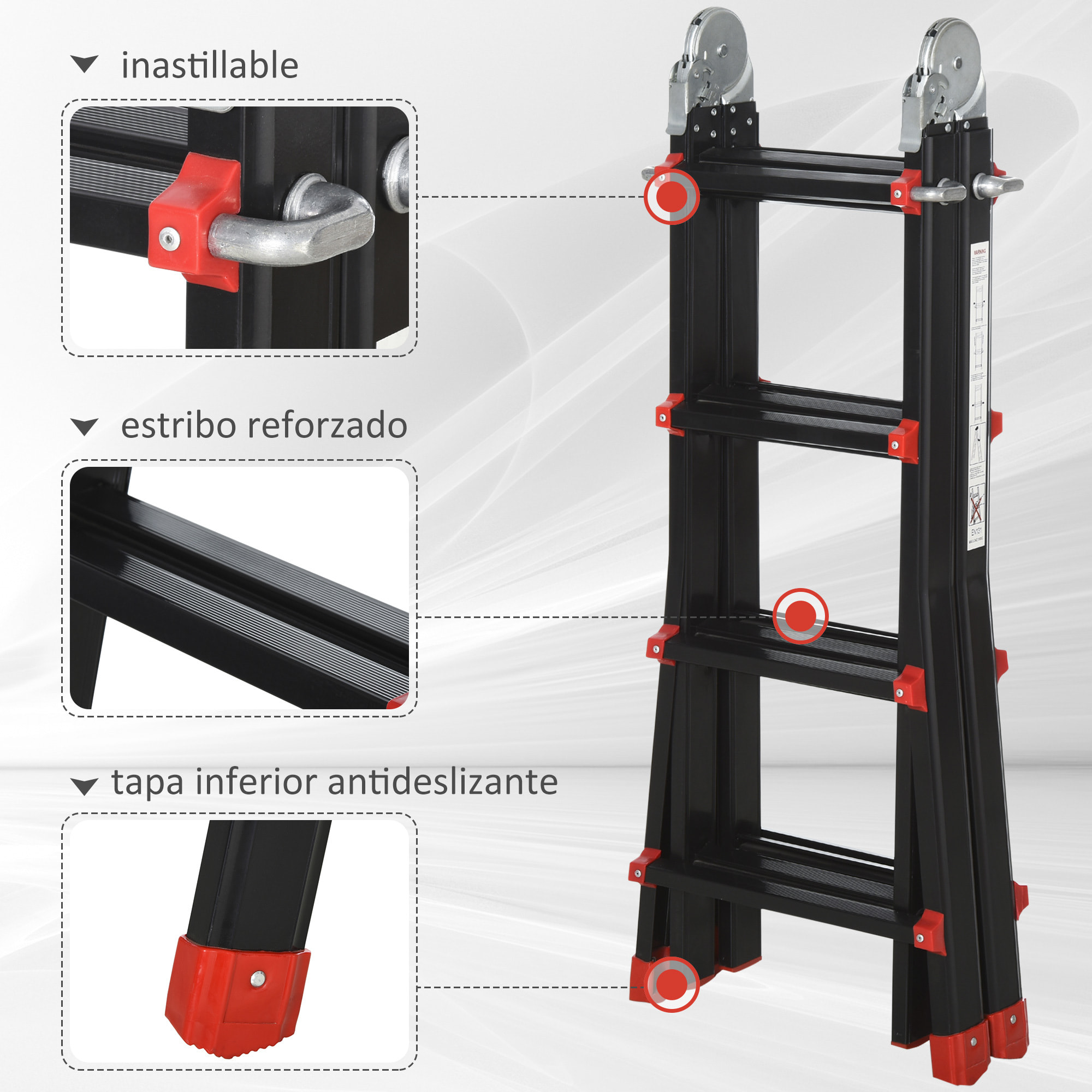 Escalera Telescópica de Aluminio 4 m Escalera Extensible Plegable con 8 Peldaños Ajustables y 2 Formas Escalera Multiusos Carga 150 kg Negro y Rojo