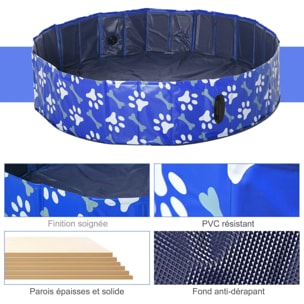 Piscine pour chien bassin PVC pliable anti-glissant facile à nettoyer Ø 1,4 m hauteur 30 cm motifs os pattes bleu