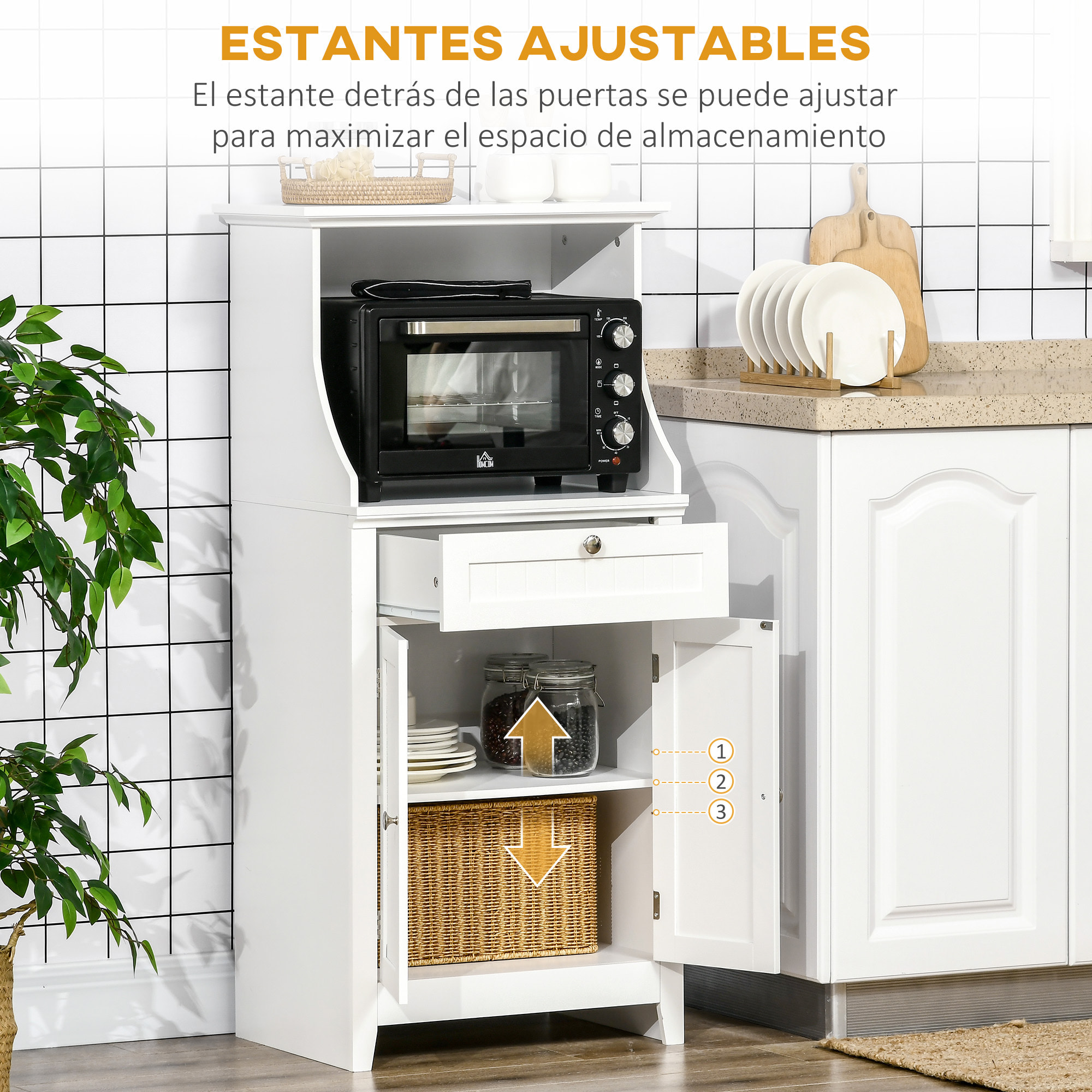 Mueble Auxiliar de Cocina Mueble para Microondas Aparador de Cocina con Cajón Estante 2 Puertas Compartimento Diseño Anti-vuelco para Comedor 60x40x122,5 cm Blanco