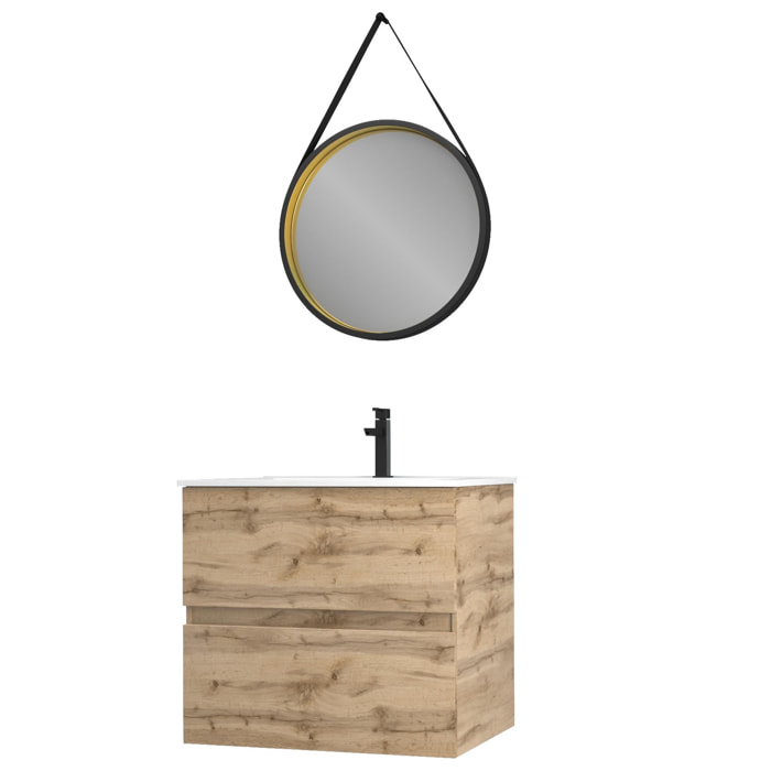 Pack Meuble SDB 60cm suspendu 2 tiroirs Chene_Vasque blanche + Miroir Barber - TIMBER 60_Pack32
