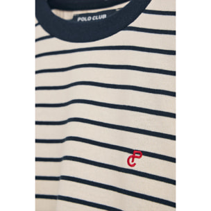 Maglietta a righe blu marino e beige con monogramma ricamato