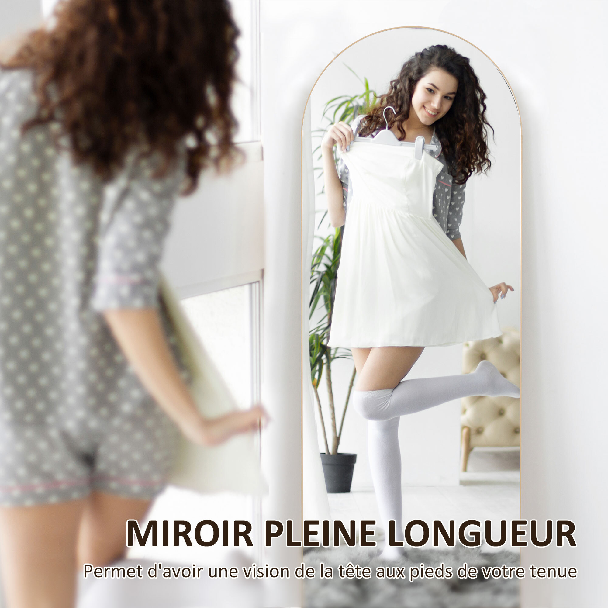 Miroir sur pied ou mural dim. 50L x 150H cm ton doré