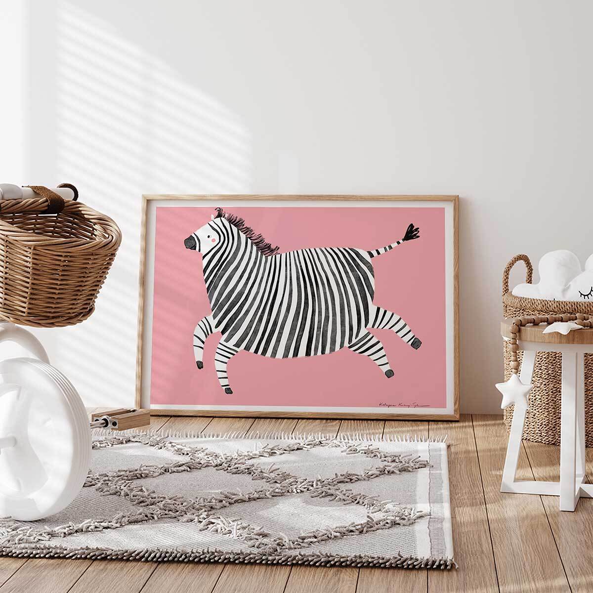 Affiche enfant zèbre rose  Affiche sous cadre bois