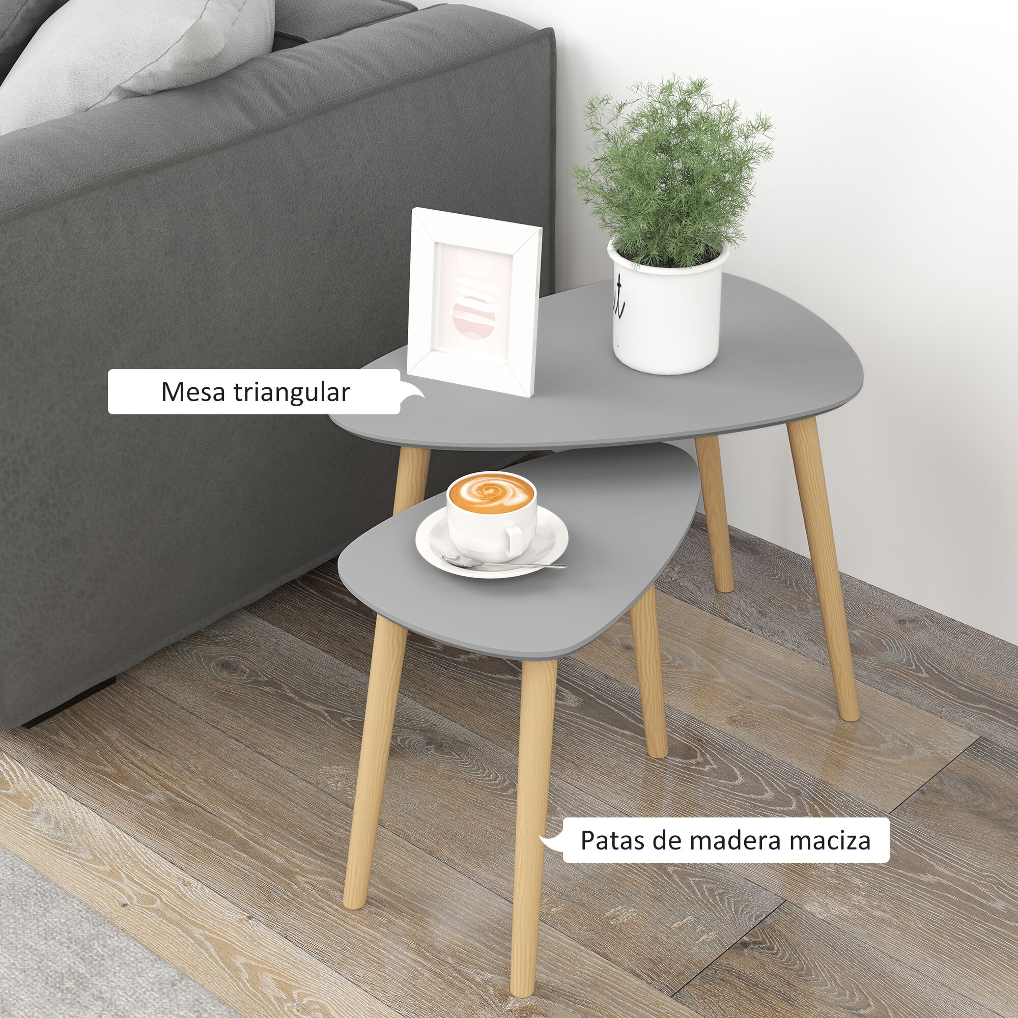 Juego de 2 Mesas Auxiliares con Patas de Madera Mesas Nido Mesas de Café para Salón Dormitorio Oficina 59,5x39,5x45 cm y 44,5x28,5x40 cm Gris y Natural