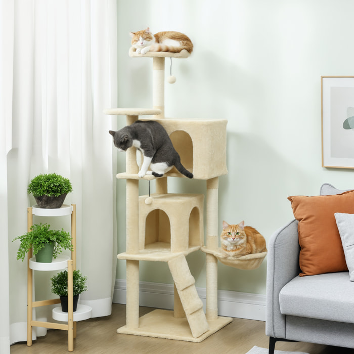 Árbol Rascador para Gatos, Árbol para Gatos 160 cm, Torre Escalador con Múltiples Plataformas, Cama, 2 Cuevas, Hamaca, Escalera, Postes de Sisal, Bolas para Jugar, Beige