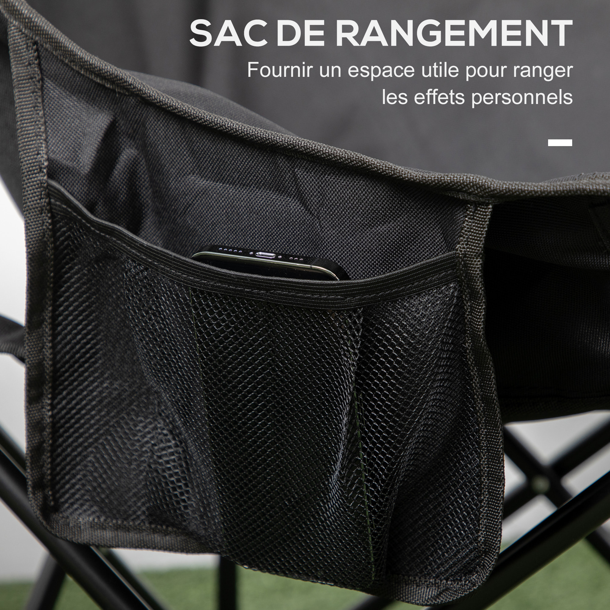 Chaise de camping pliable avec sac de transport et pochette de rangement acier oxford noir