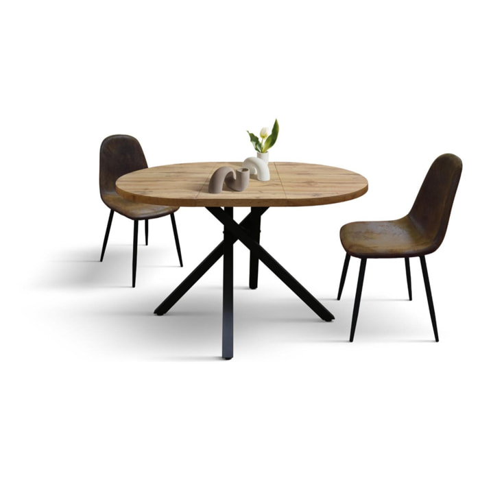 Tavolo rotondo POLA in legno, finitura rovere rustico e gambe incrociate in metallo nero, allungabile Ø100xH75 cm - 140x100x75 cm