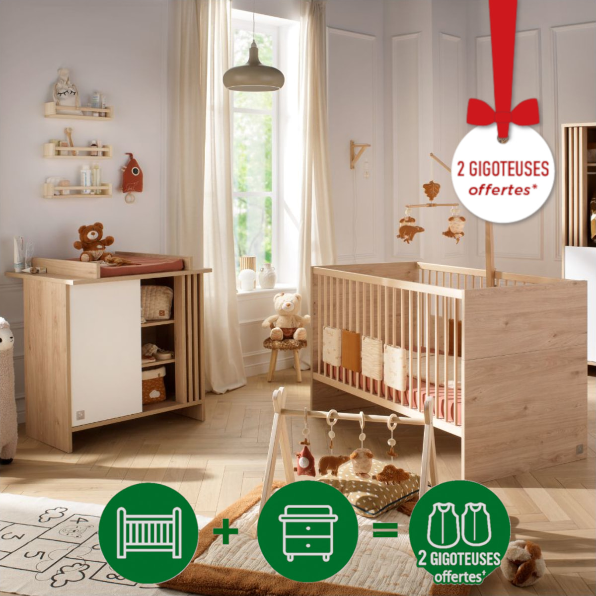 Chambre bébé évolutive Tokyo, Lit 140x70 évolutif et Commode à langer claustra - Chêne suave
