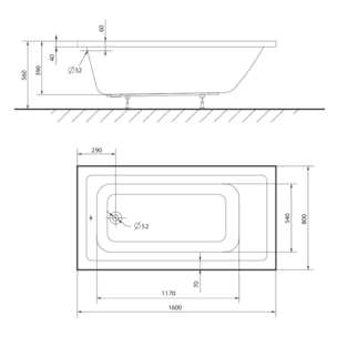 Aurum 160x80 cm baignoire rectangulaire en acrylique, orientation gauche et droite, sans pieds, blanc (SATVAUR16080)