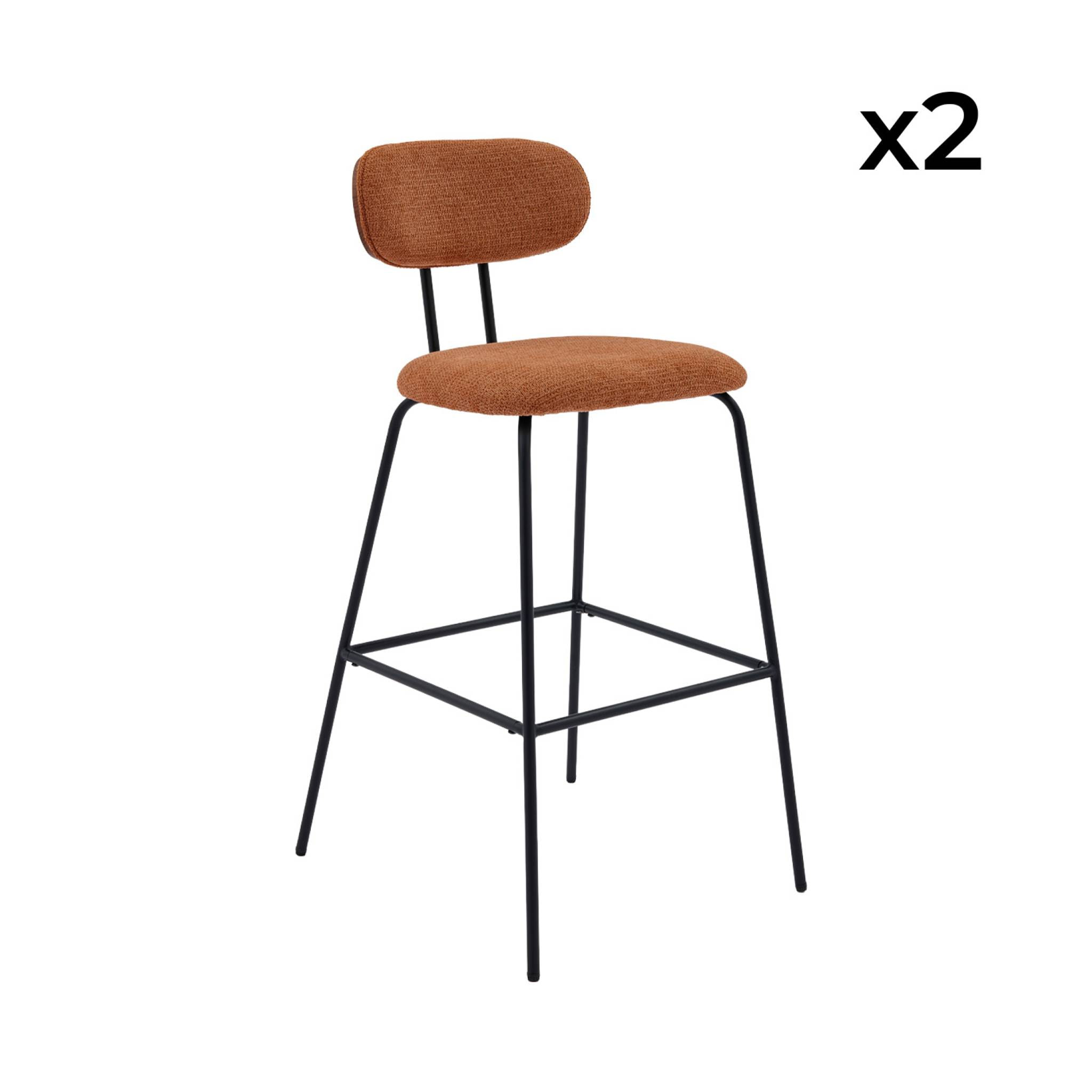 2 tabourets de bar décor bois courbé teinté noyer et tissu déperlant terracotta. pieds métal noir mat (lot de 2) - L 44 x P 51 x H 103cm - Erin