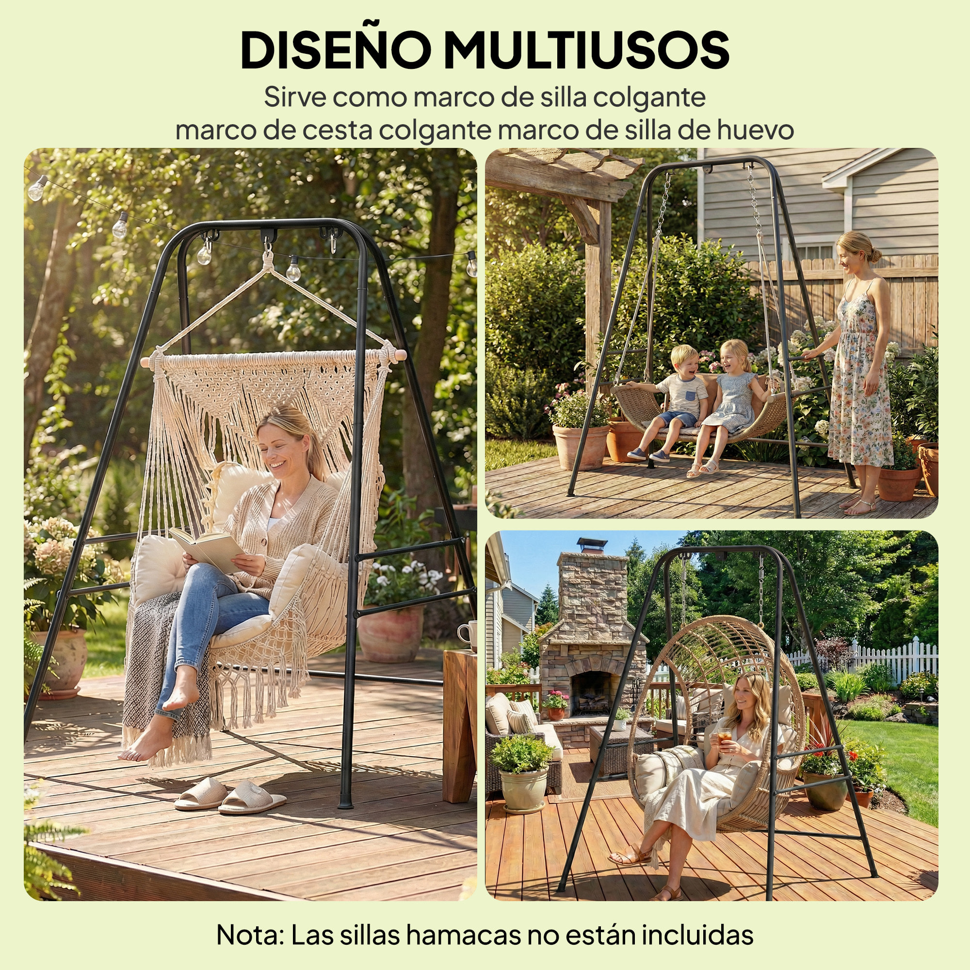 Soporte para Silla Colgante y Hamaca, 183 cm, Soporte para Columpio con Estructura de Acero, Almohadillas Antideslizantes y 2 Mosquetones, para Interior y Exterior, Carga 150 kg, Negro