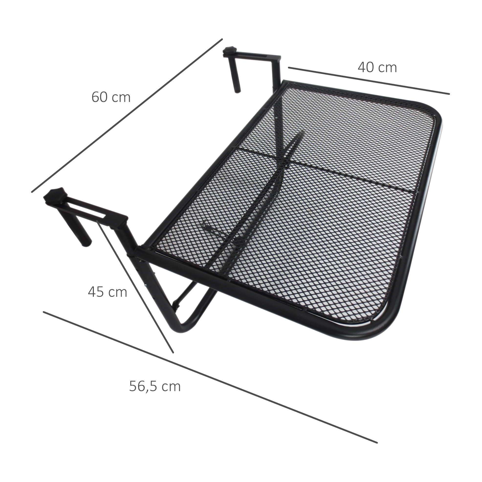 Table suspendue pour balcon dim. 60L x 56,5l cm hauteur réglable 3 niveaux métal époxy noir