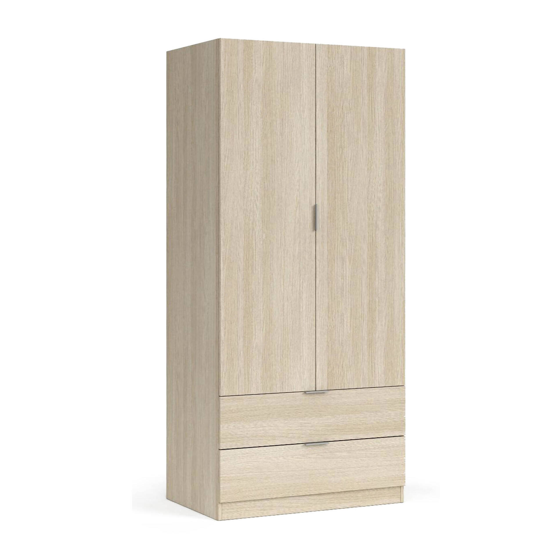 Guardaroba 2 ante Appadu, Armadio per camera da letto 2 cassetti, Mobile con barra appendiabiti, 81x52h180 cm, Quercia