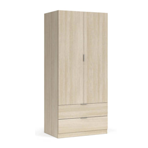 Guardaroba 2 ante Appadu, Armadio per camera da letto 2 cassetti, Mobile con barra appendiabiti, 81x52h180 cm, Quercia