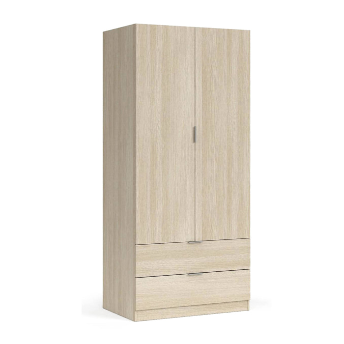 Guardaroba 2 ante Appadu, Armadio per camera da letto 2 cassetti, Mobile con barra appendiabiti, 81x52h180 cm, Quercia