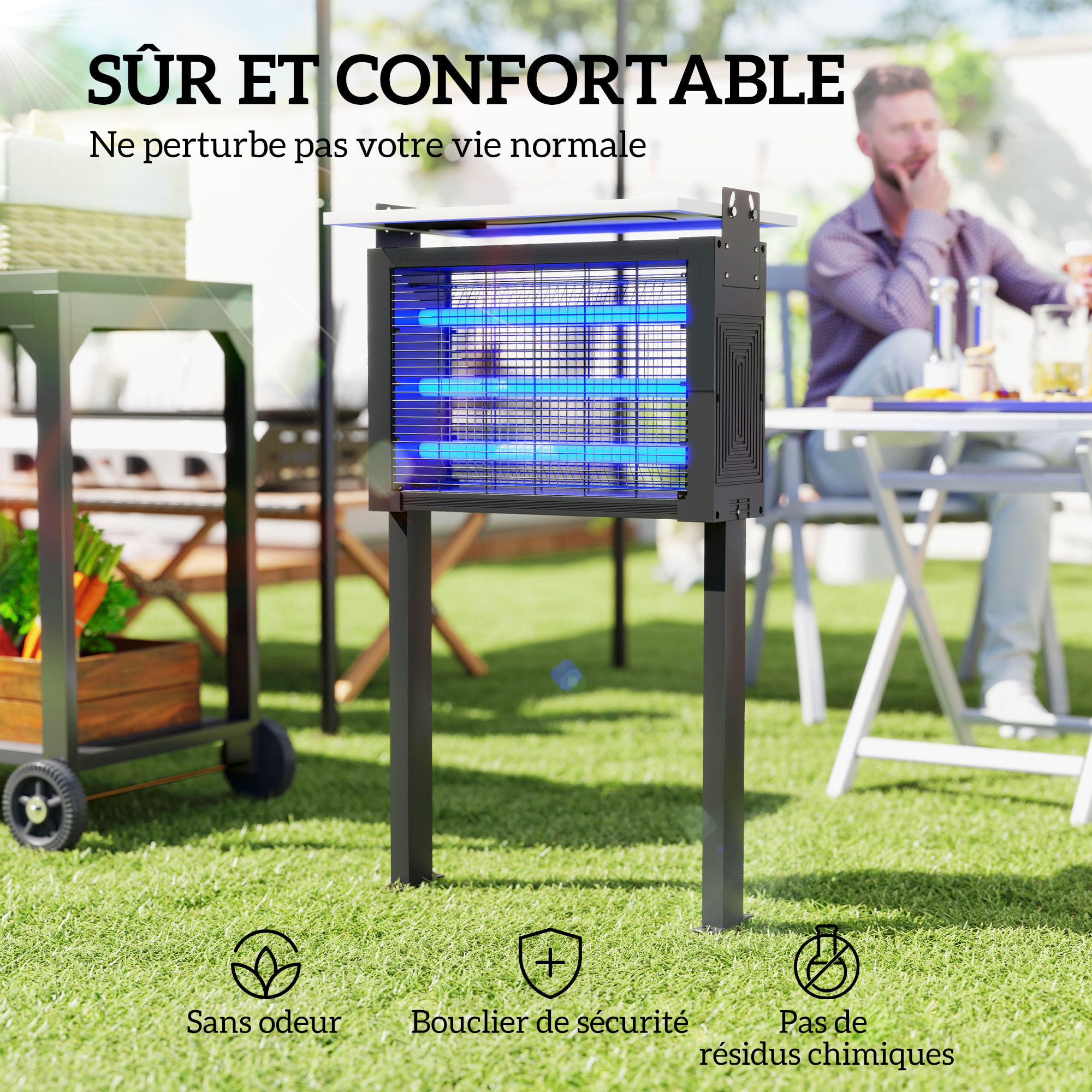 Lampe anti-moustique 25W LED solaire autoportante H. 93 cm - lampe anti-insectes - lampe UV piège à insectes - noir