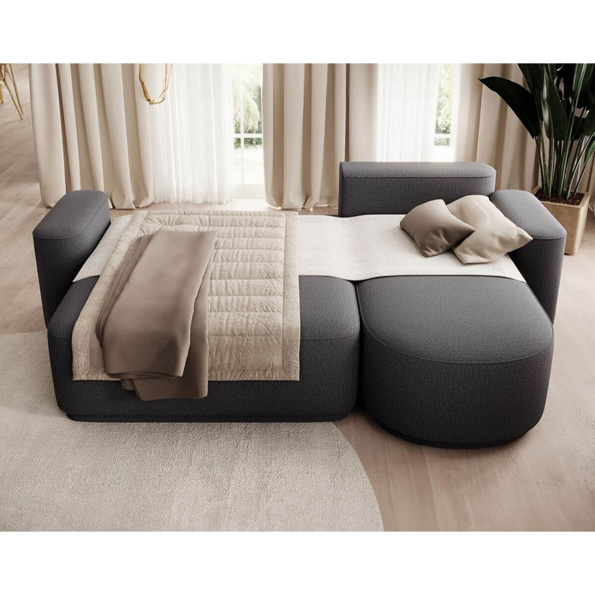 Sam - canapé d'angle droit 4 places convertible avec coffre en tissu - Gris Anthracite