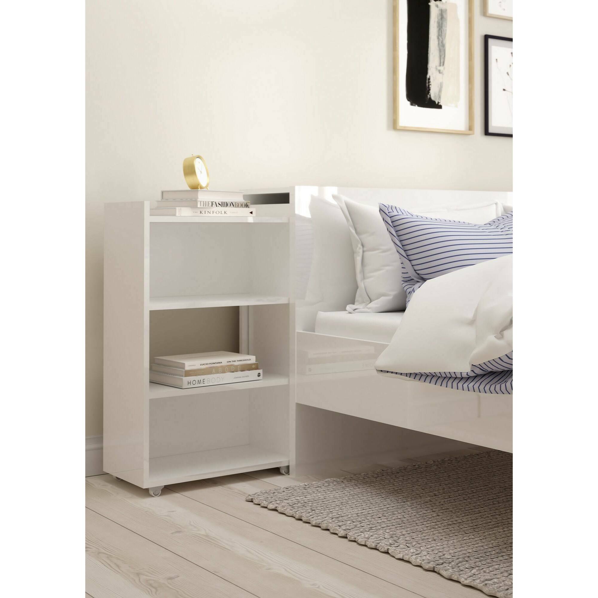 Testiera per letto con uno scaffale per lato, colore bianco lucido, cm 144 x 79 x 28