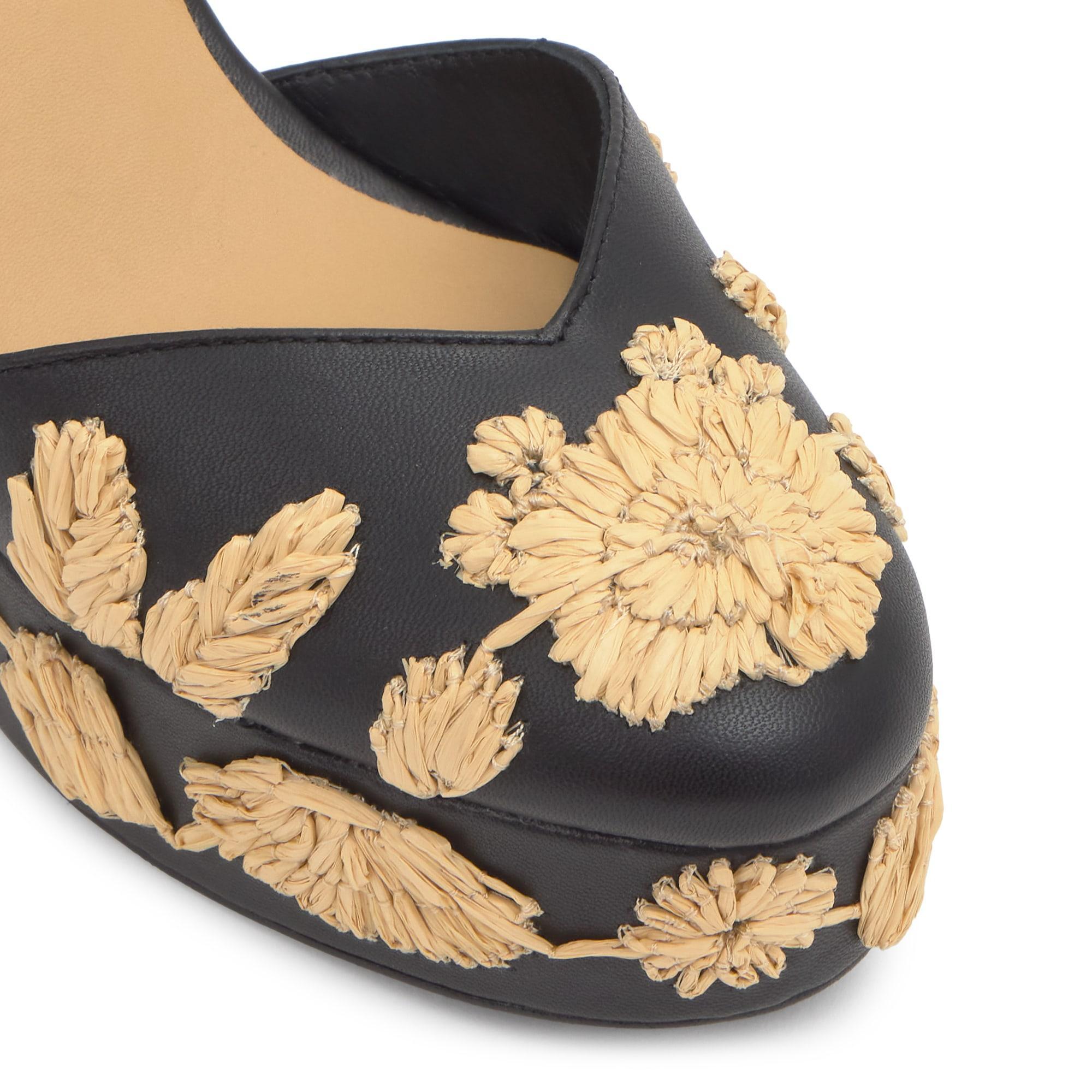 Alpargata Carmela cuña de yute en napa con motivos florales bordados y cintas