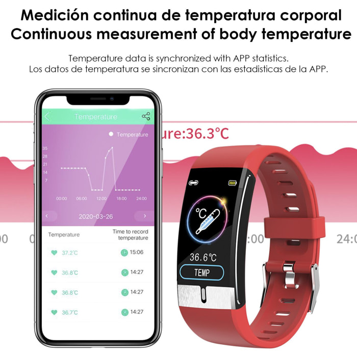 Pulsera inteligente E66 con medición de temperatura corporal, electrocardiograma, tensión y O2 en sangre