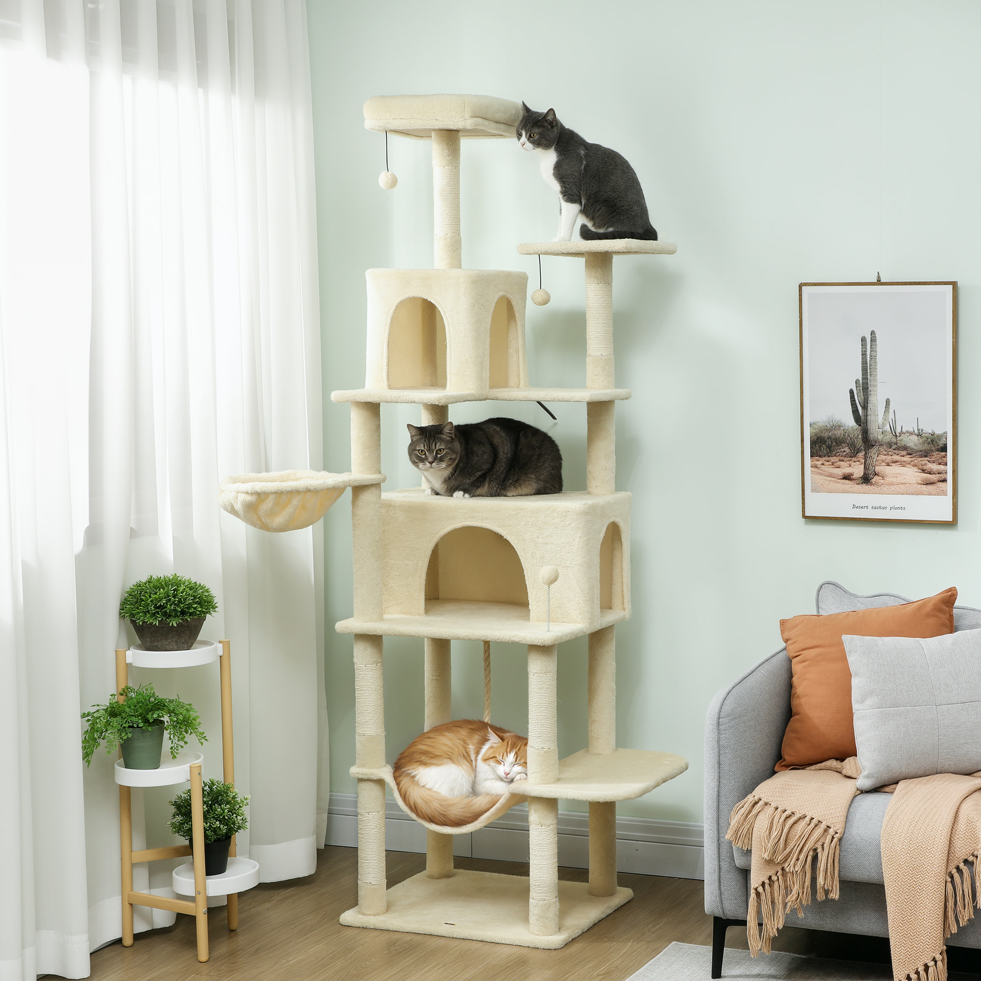 Árbol Rascador para Gatos, Árbol para Gatos 202 cm, Torre Escalador con Plataformas, Cama, Cuevas, Postes de Sisal, Bolas y Cuerda para Jugar, Beige
