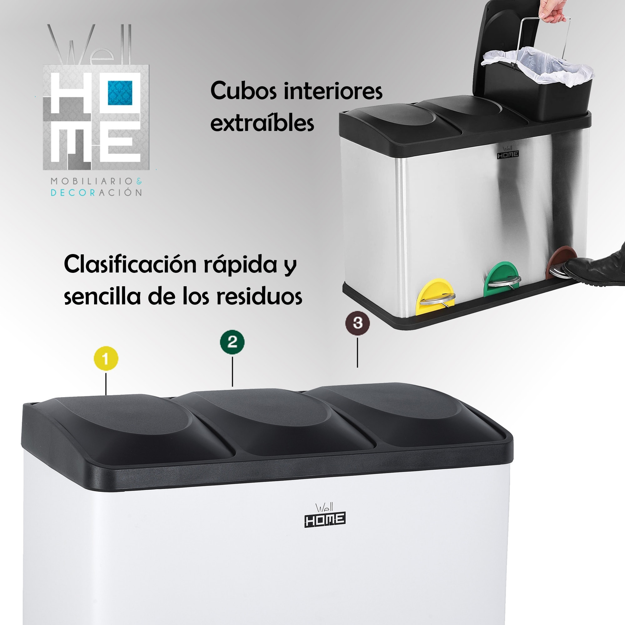 Cubo de reciclaje ecológico 45 litros de 3 compartimentos, reciclaje de basura / cubos de reciclaje, gran capacidad, para papel, vidrio y plástico