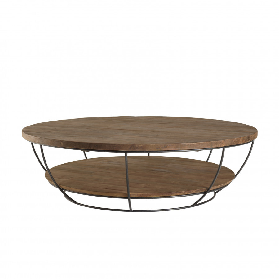 ALIDA - Table basse coque ronde 120x120cm double plateau Teck recyclé métal noir