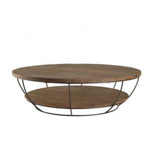 ALIDA - Table basse coque ronde 120x120cm double plateau Teck recyclé métal noir