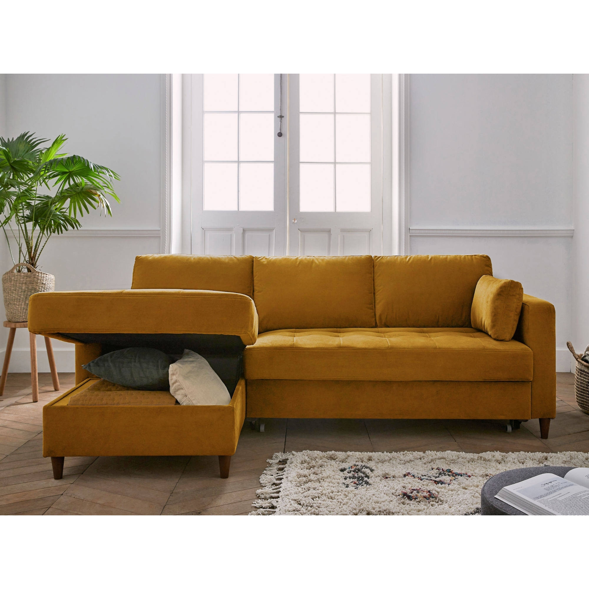 Anna - canapé d'angle gauche - 4 places - convertible avec coffre - en velours - Jaune