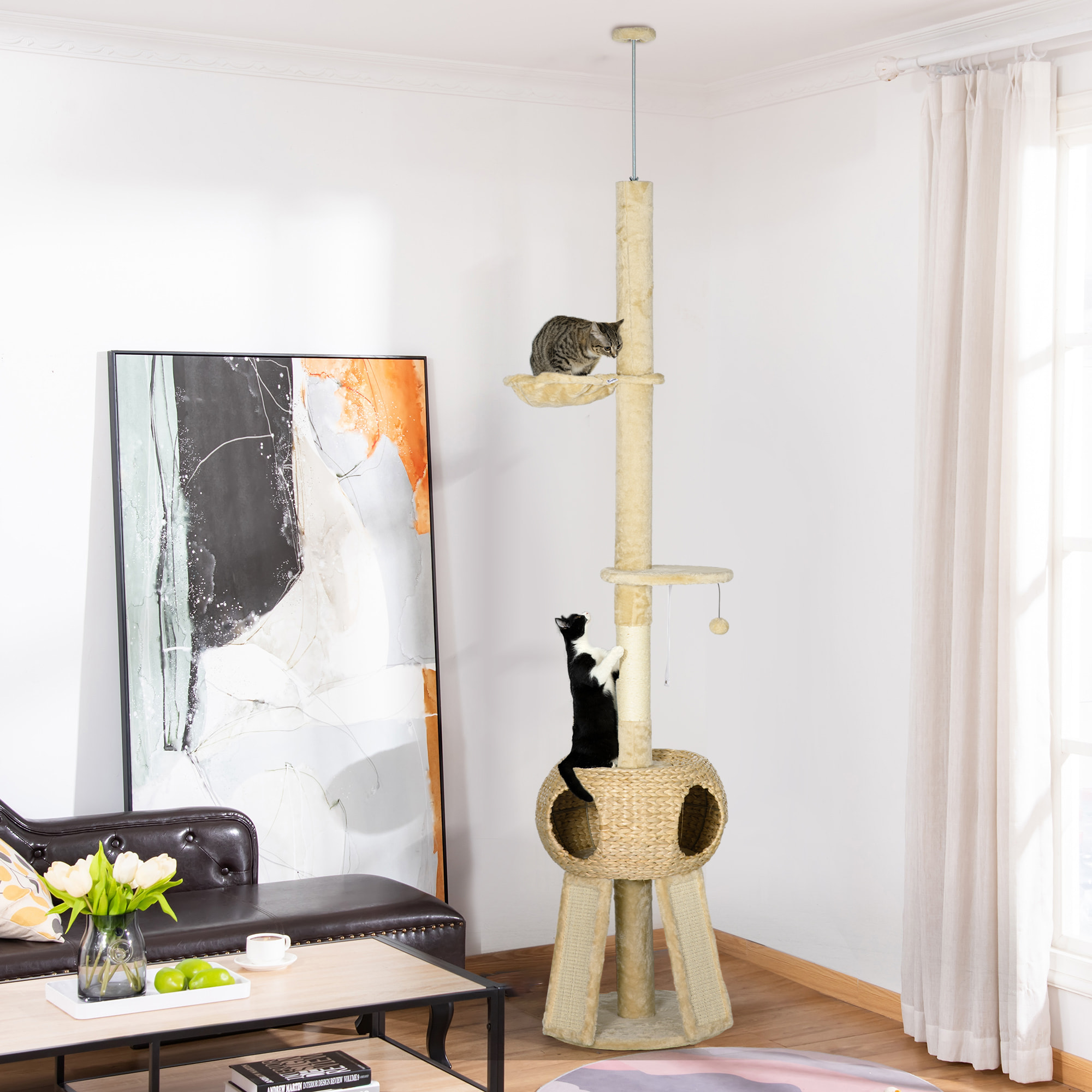 Árbol para Gatos de Suelo a Techo de 225-255 cm Torre para Gatos Altura Ajustable con Cueva Plataformas Hamaca Postes Rascadores Rampas y Bolas Colgantes Ø48x225-255 cm Beige