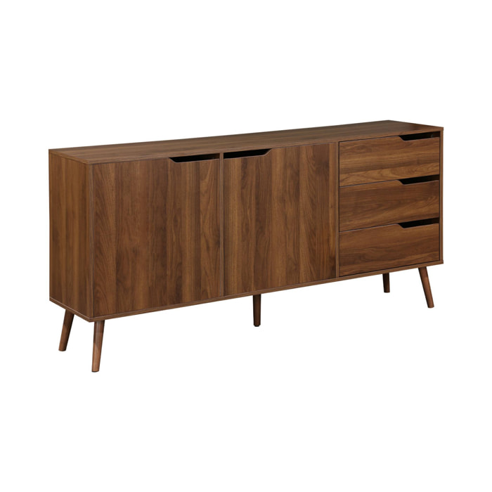 Buffet de rangement scandinave. buffet haut. vaisselier. 2 portes. 3 tiroirs. décor bois de noyer. 160cm