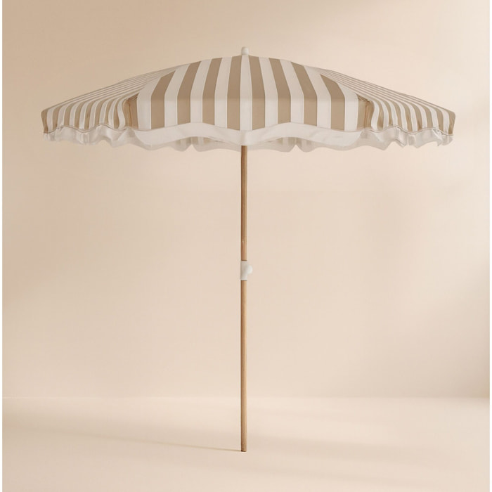 Parasol en polyester à rayure et métal imitation bois taupe ISOLA