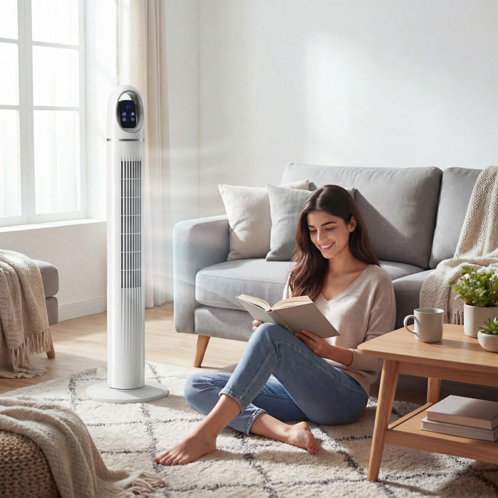 Ventilador de Torre, Ventilador de Pie Silencioso con Control Remoto, 3 Velocidades, 3 Modos, Temporizador 24H, Oscilación 70°, Pantalla LED, para Dormitorio, Blanco