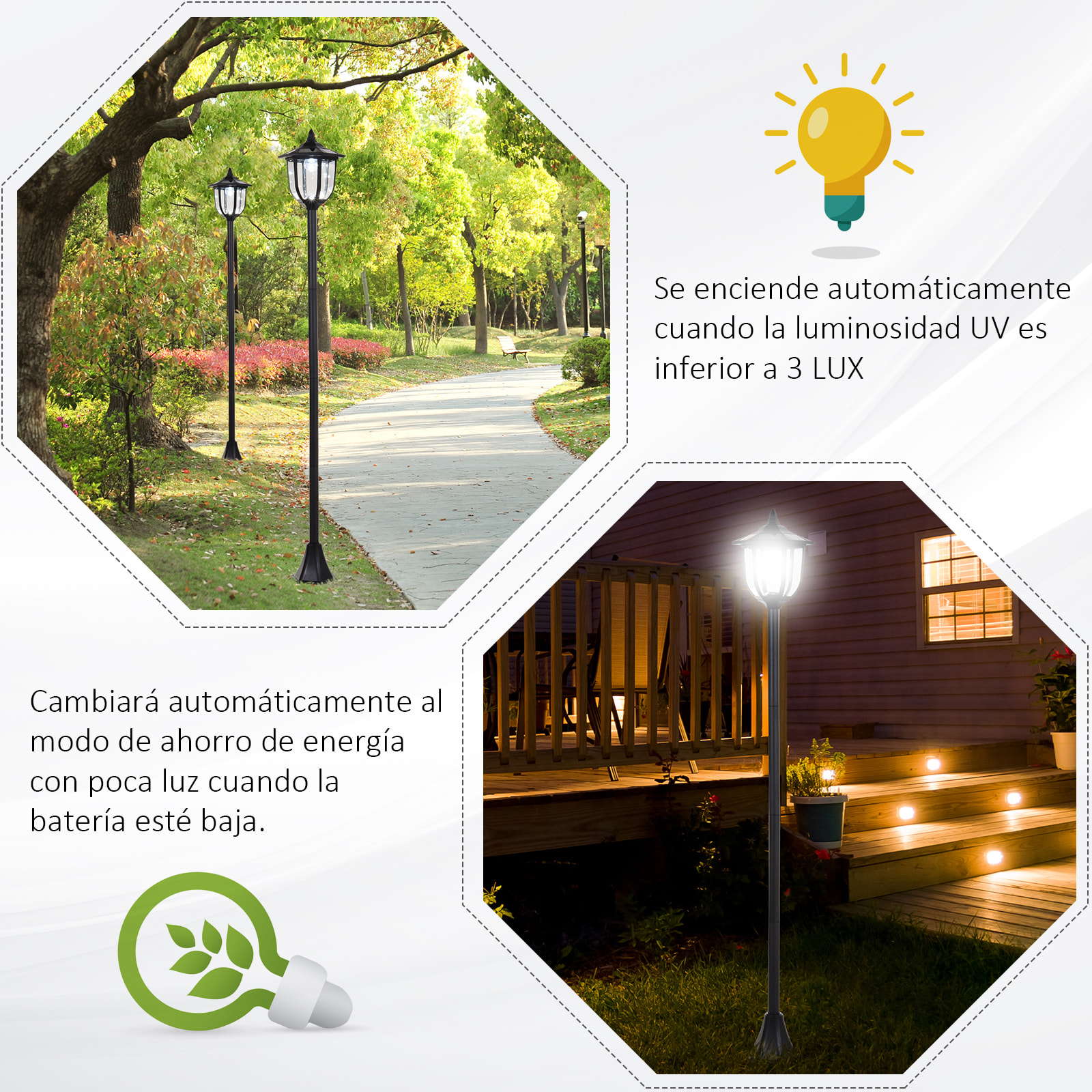 Conjunto de 2 Farolas Solares Luces de Solar para Jardín con Panel Solar Encendido Automático Protección al Ambiente y 6 Luces LED para Terraza Patio Ø26,5x177 cm Negro