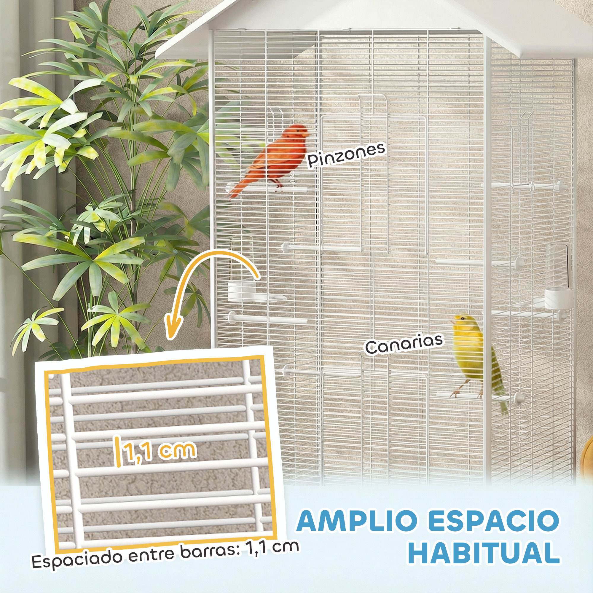 Jaula para Pájaros con Ruedas, 79x65x155 cm, Jaula Grande con 2 Comederos, 8 Perchas, 4 Puertas y Bandeja Extraíble, Diseño del Techo, Pajarera para Pinzones y Canarios, Blanco
