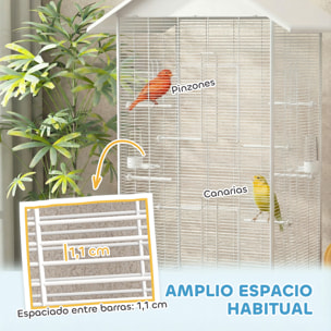 Jaula para Pájaros con Ruedas, 79x65x155 cm, Jaula Grande con 2 Comederos, 8 Perchas, 4 Puertas y Bandeja Extraíble, Diseño del Techo, Pajarera para Pinzones y Canarios, Blanco