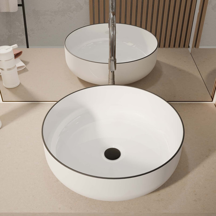 Vasque à poser ronde en céramique 42x14 cm - Blanc et liseré noir