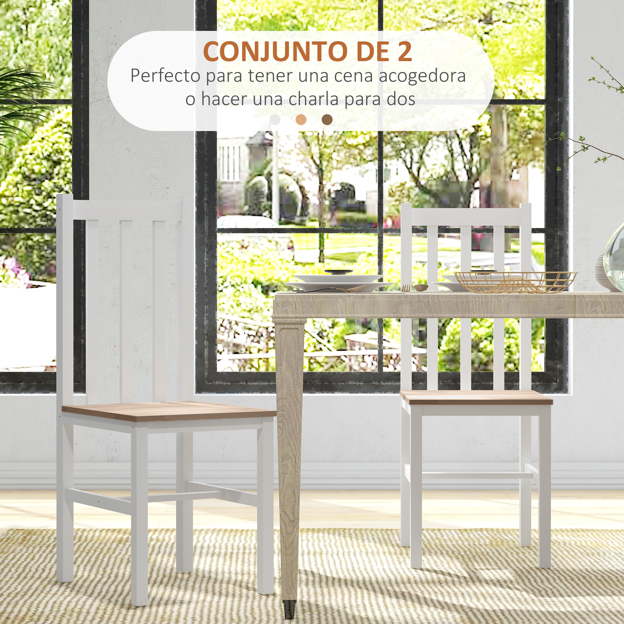 Juego de 2 Sillas de Comedor Silla de Cocina con Respaldo de Listones Marco de Madera de Pino para Sala de Estar y Comedor Carga 120 kg 38,5x47,5x99 cm Blanco