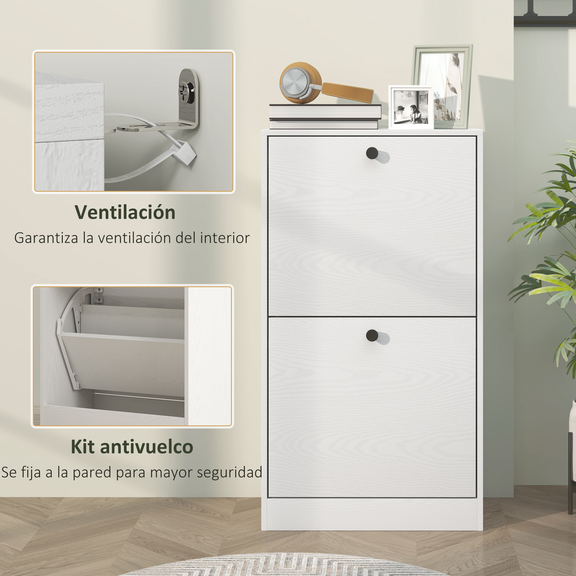 Mueble Zapatero Estrecho Zapatero Entrada Recibidor con 2 Cajones Abatibles y Estantes Ajustables para 8 Pares de Zapatos Armario para Zapato para Pasillo 47x26x85 cm Blanco