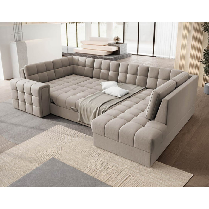 Nappa - Canapé panoramique d'angle gauche 7 places convertible avec coffre en velours - Beige