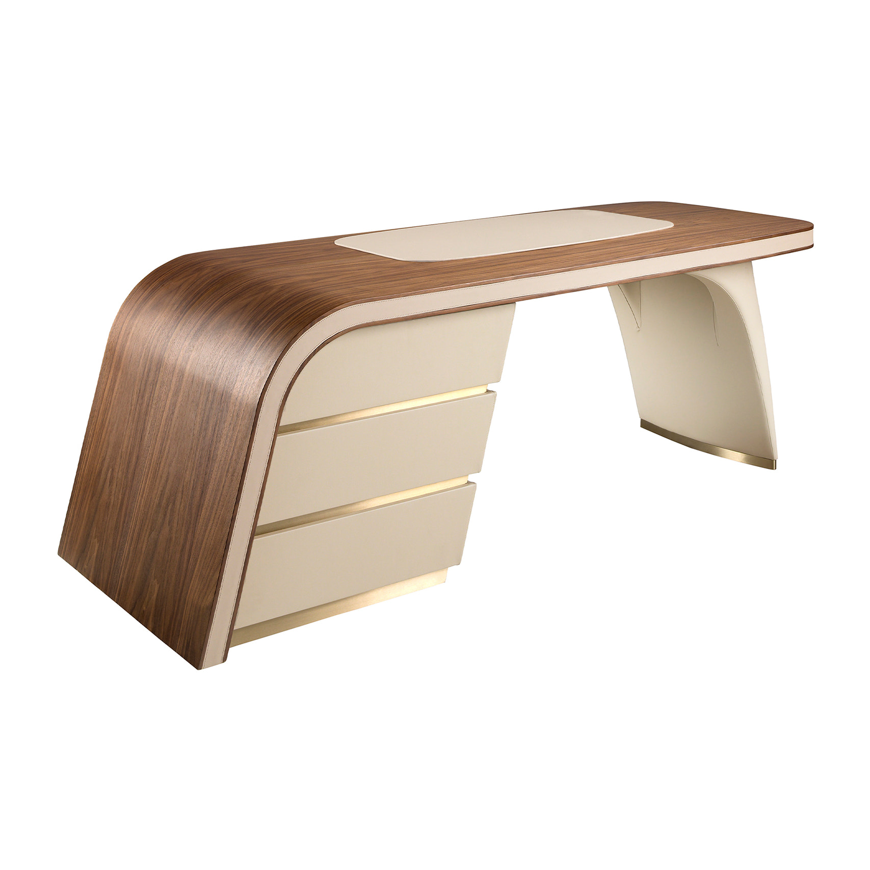 Escritorio de madera chapada en nogal natural con un tapizado en polipiel en crema 215x80x75cm