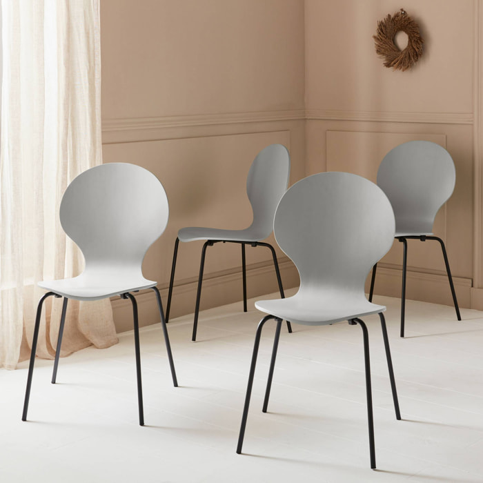 Lot de 4 chaises grises rétro empilables. bois d'hévéa et contreplaqué. pieds en acier. Naomi. L 43 x P 48 x H 87cm