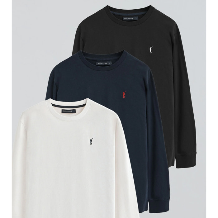 Pack hombre de tres camisetas en negro, azul marino y blanco con manga larga y bordado Rigby Go