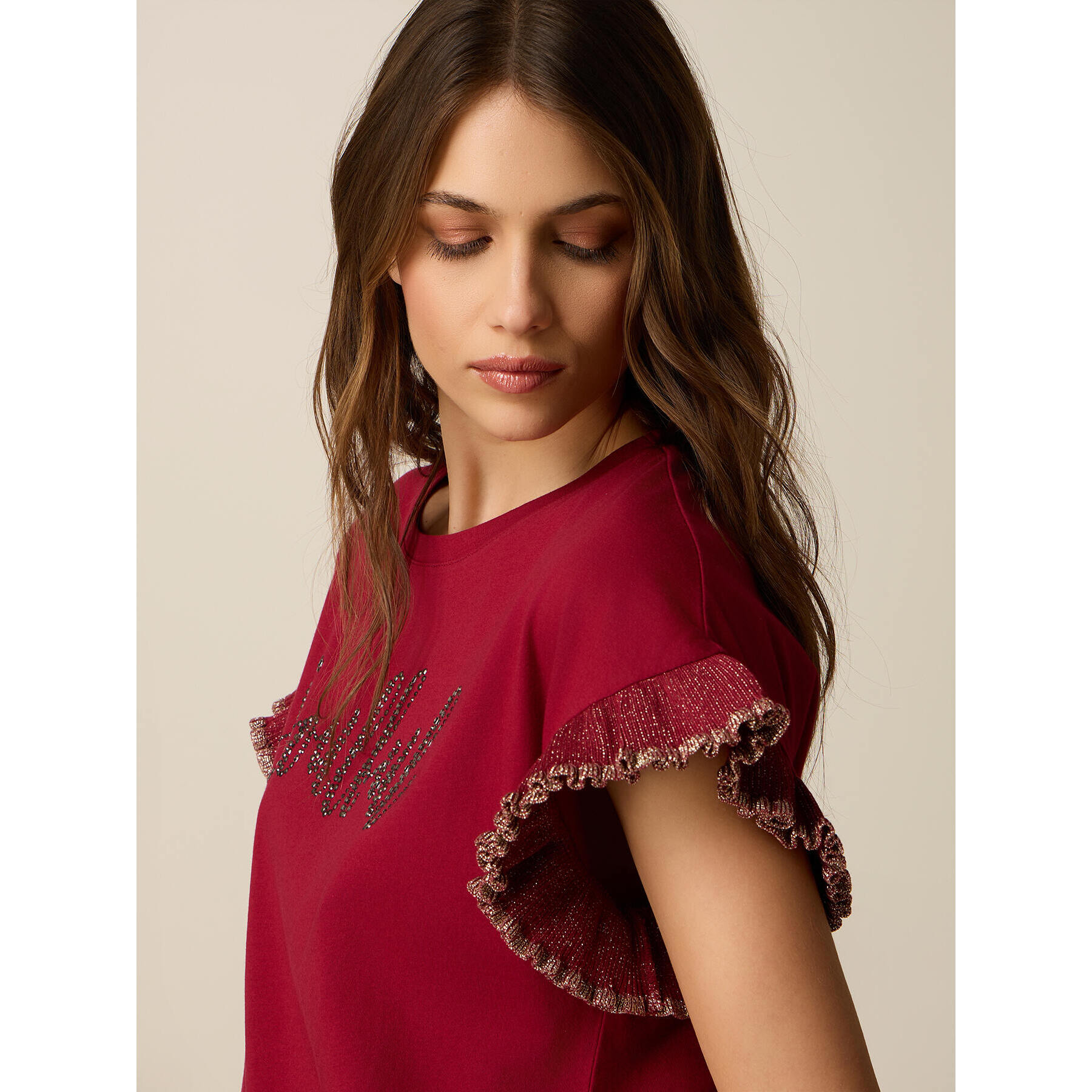 Oltre - Camiseta de algodón con cristales y volantes - Burgundy