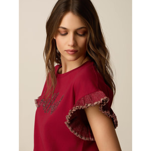 Oltre - Camiseta de algodón con cristales y volantes - Burgundy