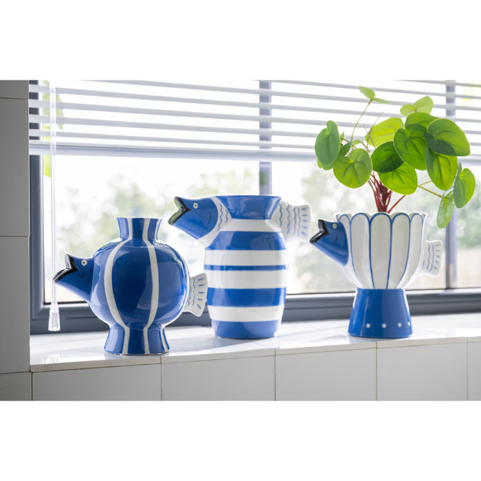 J-Line Vase Poisson Ligné Dolomite - céramique - bleu/blanc