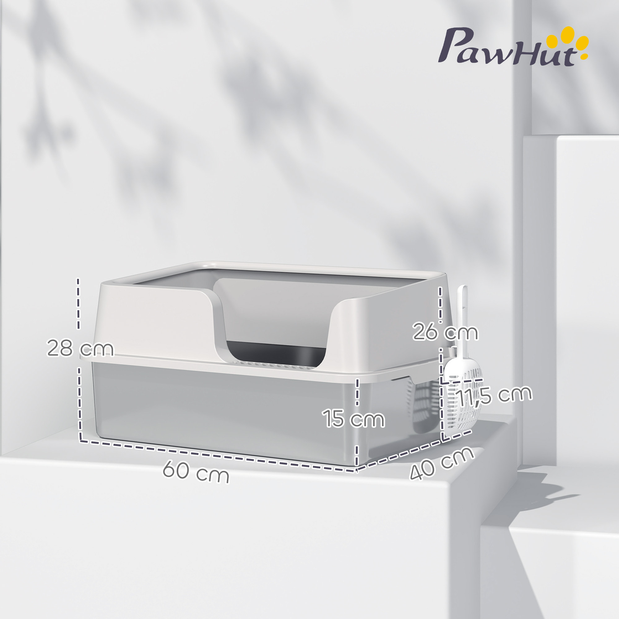Maison de toilette bac à litière pour chat dim. 60 x 40 x 28 cm acier inox plastique gris clair