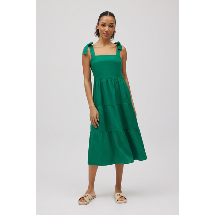 Abito midi con spalline larghe in lino verde