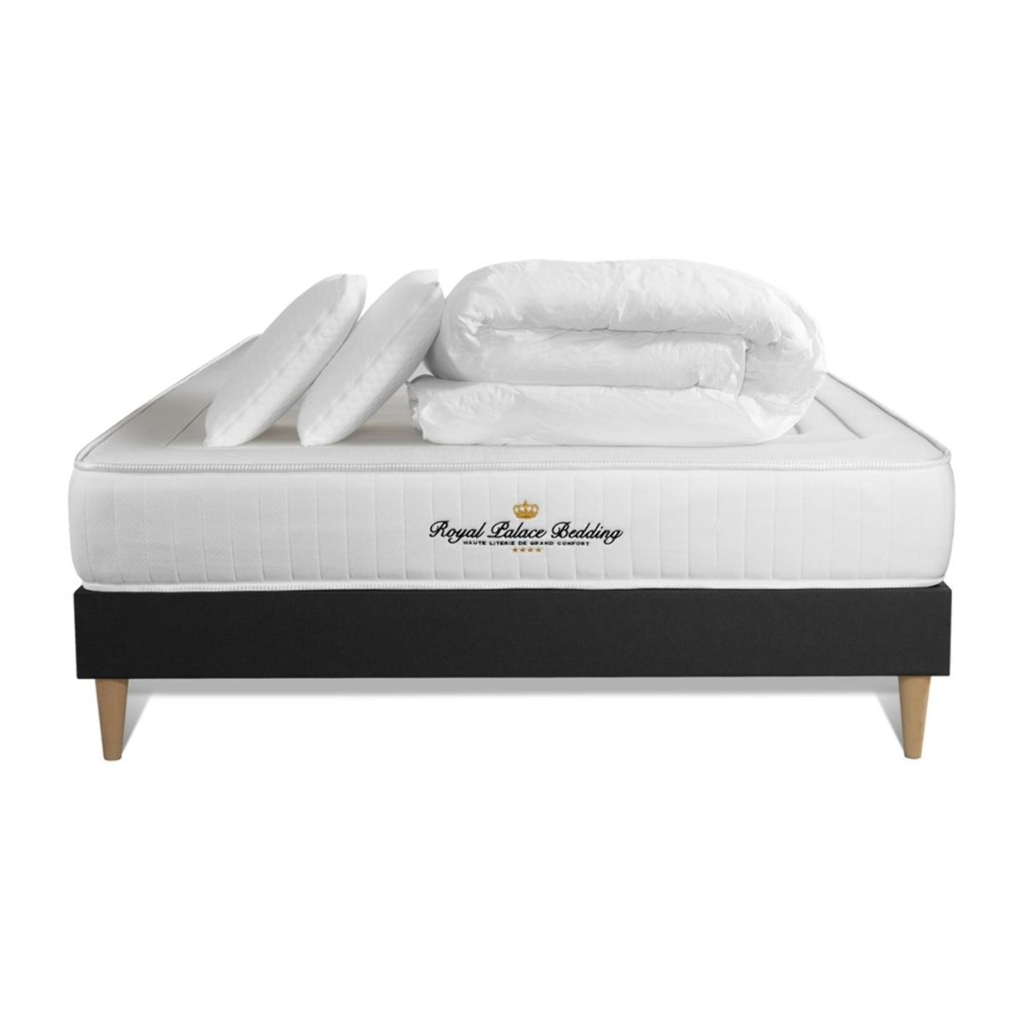Matelas Mémoire de forme 20cm d'épaisseur - 3 zones de confort - Confort ferme - Sommier tapissier en kit - Avec couette et oreillers - 2 places